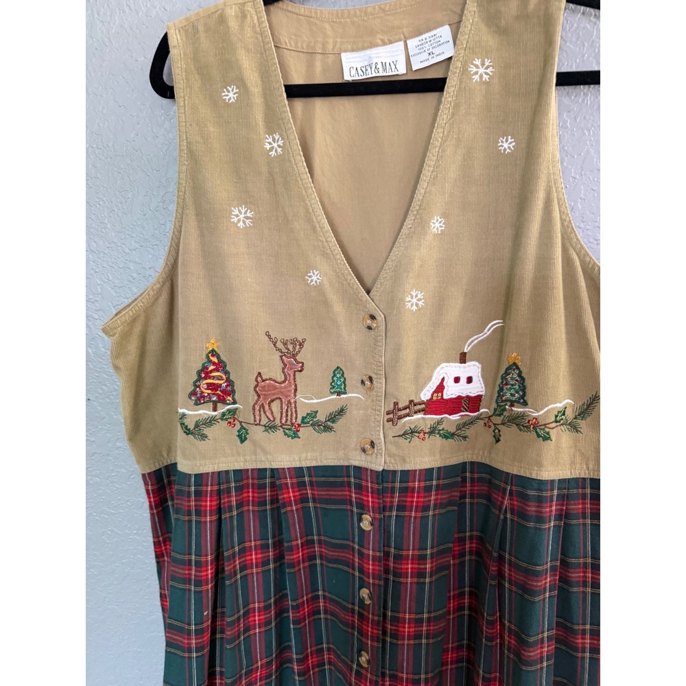 Casey & Max Vintage Christmas Corduroy Plaid Jumper Dress XL Embroidered Holiday - Picture 3 of 7